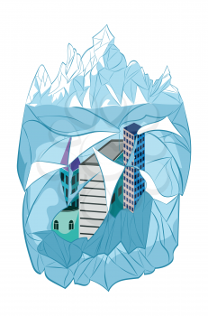 Design of a big iceberg and frozen city buildings illustration.