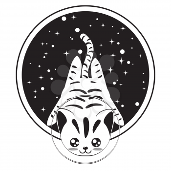 Dark starry space and kawaii striped cat astronaut.