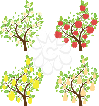 Set of cartoon stylized apple, lemon and pear trees.