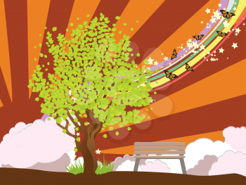 Illustration of summer tree with green leaves and bench on background with rays.