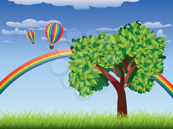 Green grass field with a tree, rainbow and hot air balloons in the sky.