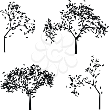 Black silhouettes of simple trees with stylized leaves.