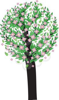 Abstract tree with green leaves and pink blossom.