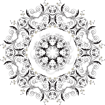 Decorative vintage round floral ornament in black and white.