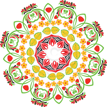 Colorful folk floral ornament with strawberries illustration.