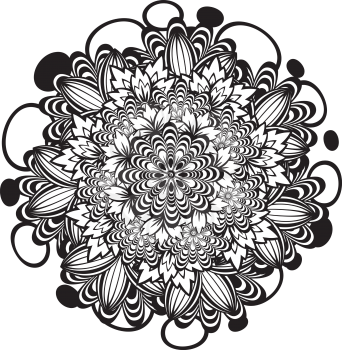 Round flower ornament in black and white, zentangle style.