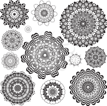 Round flower ornament in black and white, zentangle style.