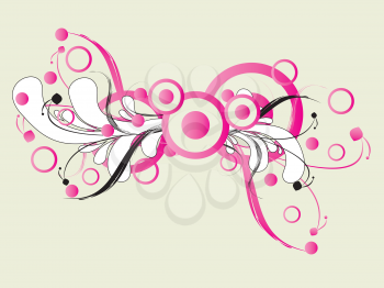 Illustration of abstract circles ornament with pink floral background.