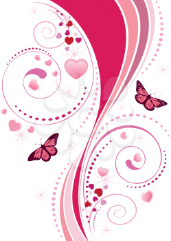 Pink ornament with swirls, hearts and butterflies on white background.