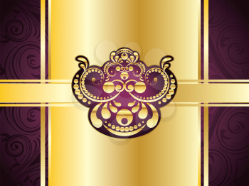 Vintage purple background with decorative gold ribbon and floral ornament.
