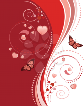 Red ornament with swirls, hearts and butterflies on white background.
