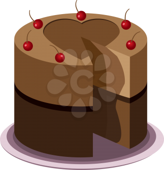 Tasty chocolate cake with cherries on top on a plate