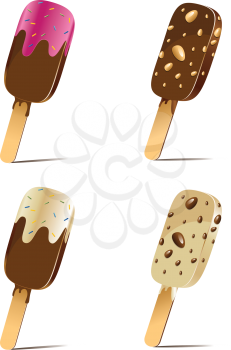 Set of tasty cartoon ice cream on wood stick.
