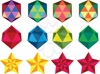 Set of polygonal geometric figures, colorful design elements.