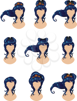 Set of different hairstyles for long blue hair.