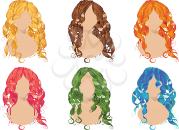 Set of curly hair styles in different colors. 