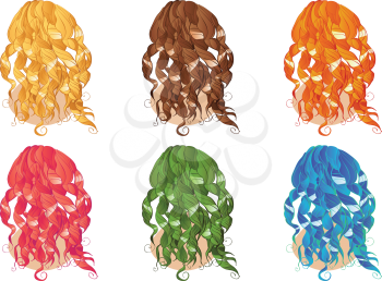 Set of curly hair styles in different colors. 