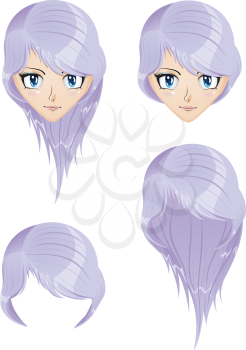Anime girl with light violet hair, long and short style.