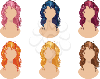 Set of wavy hair style in different colors.
