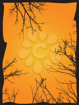 Grunge black silhouettes of naked tree branches frame on orange background.