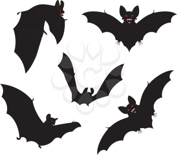 Set of black halloween bats silhouettes with red eyes.