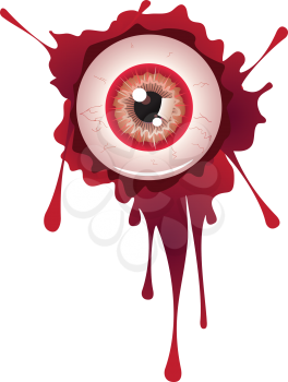 Spooky halloween eyeball with grunge blood splatter.