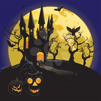 Illustration of Halloween castle silhouettes with full moon and pumpkins background.