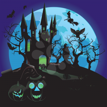 Illustration of Halloween castle silhouettes with full moon and pumpkins background.