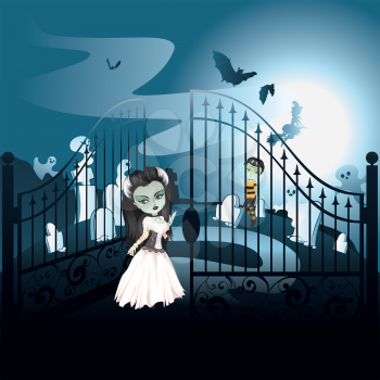 Halloween background with spooky old graveyard with iron gate.