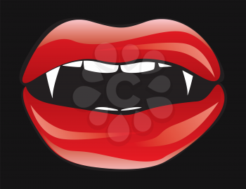 Illustration of red vampire lips on dark background.