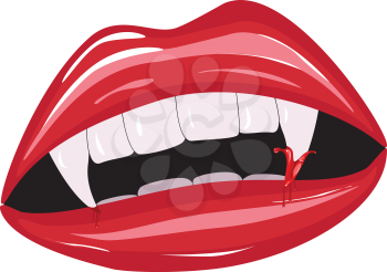 Illustration of vampire lips with blood on white background.