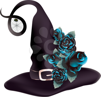 Dark purple witch hat decorated with with blue roses and spider web.