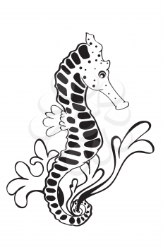 Abstract cartoon seahorse in black and white colors illustration.
