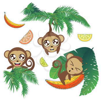 Cute cartoon monkey with banana and tropical leaves background.