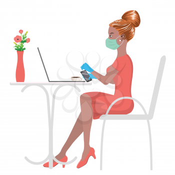 Freelancer, student or business woman in mask sitting on a chair and working on laptop in cafe or from home.