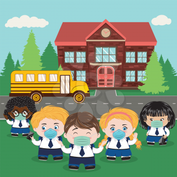 Back to school illustration with kids wears face mask and rural school building.