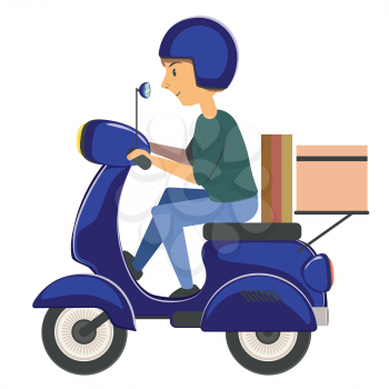 Abstract cartoon man riding red scooter, delivery man illustration on white background.