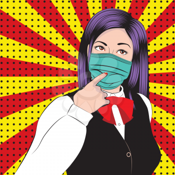 Young thoughtful woman wears disposable face mask pop art style illustration.