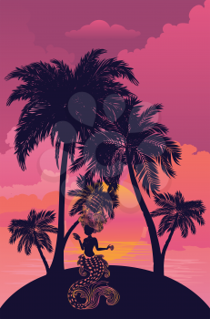 Palm trees and cartoon mermaid, summer fun design.