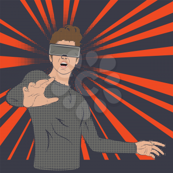 Frightened, shocked man in virtual reality glasses, retro pop art style with halftone.