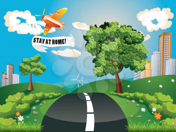 Retro airplane with stay at home banner in the sky flying over town background.