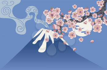 Spring cherry blossom, Sakura branch and volcano, vintage background.