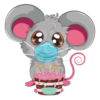 Cartoon kawaii anime grey mouse or rat in face mask with chocolate cake design.