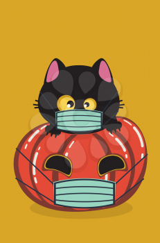 Cute black cat and pumpkin in disposable mask greeting card design.