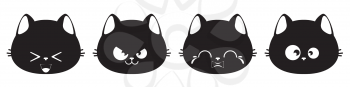 Cute black cat head with different expressions illustration.