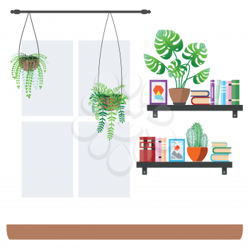 Simple room interior with bookshelf and house plants illustration.