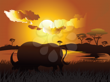 Illustration of landscape and bull silhouette at sunset time.