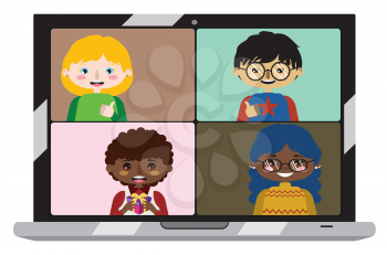 Cartoon boys and girls chatting on laptop screen, distant learning, office chat, communication themed background.