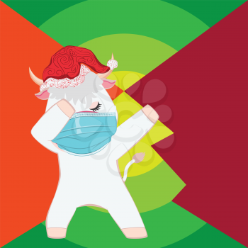 Cute cartoon bull in face mask wears Santa hat, Christmas, New years themed illustration.