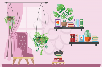 Simple room design with black cat, art chair and house plants illustration.